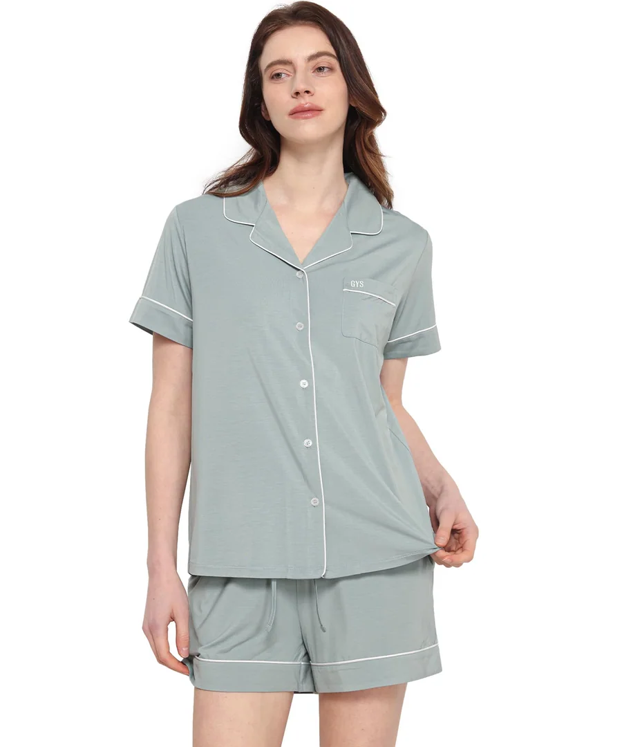Bamboo Viscose Button Down Pajamas for Women Cooling Pjs Shorts Set — Short Sleeve Sleepwear — Light Greyish Green · Medium by GYS Pajamas