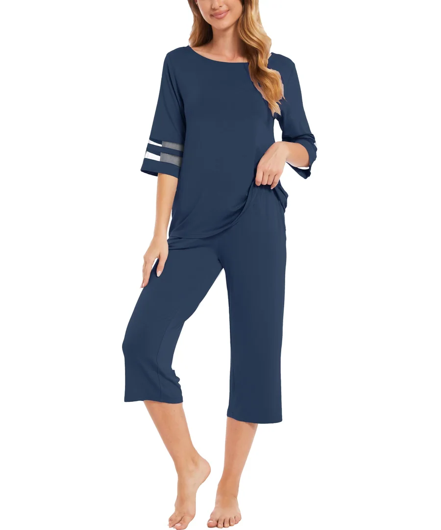 Bamboo Viscose Capri Pajamas for Women Set Cooling 3/4 Sleeve Pjs — Moisture-Wicking Sleepwear for… — Light Navy · Large by GYS Pajamas