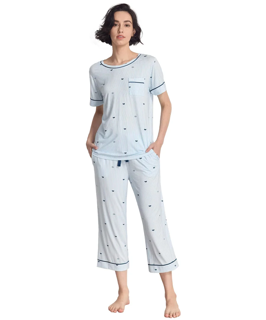 Bamboo Viscose Capri Pajamas for Women Short Sleeve Sleepwear — Cooling for Night Sweats — Blue Stripes · Large by GYS Pajamas