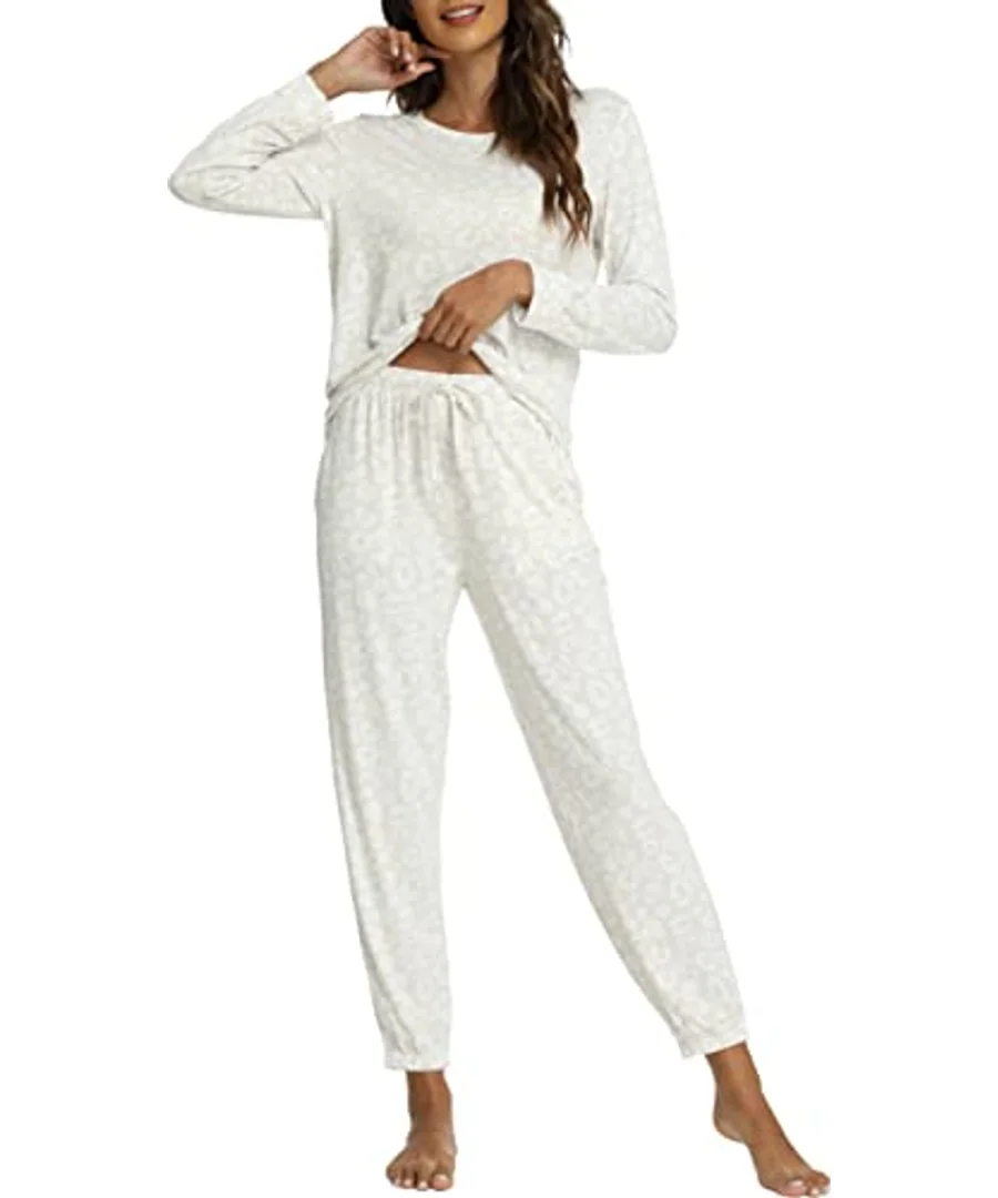 Bamboo Viscose Cooling Long Sleeve Pajamas for Women — Soft Jogger Pjs Set — Oat Leopard · Medium by GYS Pajamas