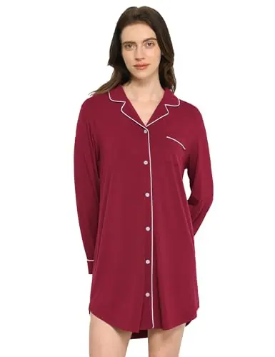 Bamboo Viscose Long Sleeve Nightgowns for Women — Soft Button Down Sleepshirt by GYS Pajamas
