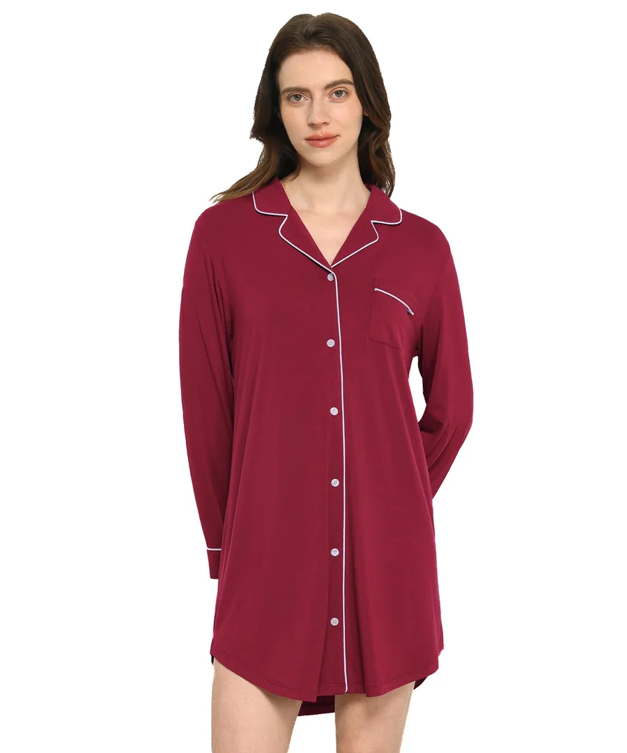 Bamboo Viscose Long Sleeve Nightgowns for Women — Soft Button Down Sleepshirt — Wine Red · Medium by GYS Pajamas