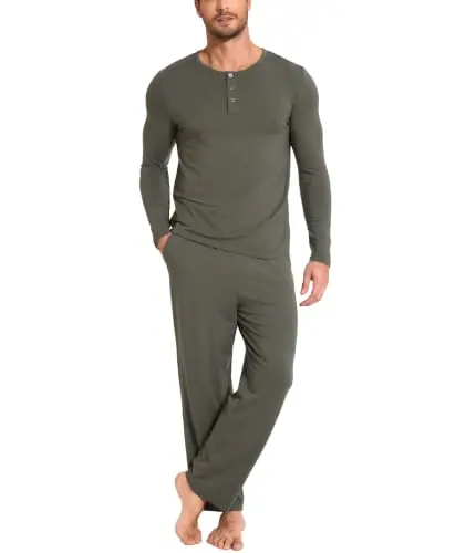 Bamboo Viscose Men's Pajama Sets, Long Sleeve Henley Neck Sleepwear — Ultra-Soft PJs Set with Pockets by GYS Pajamas