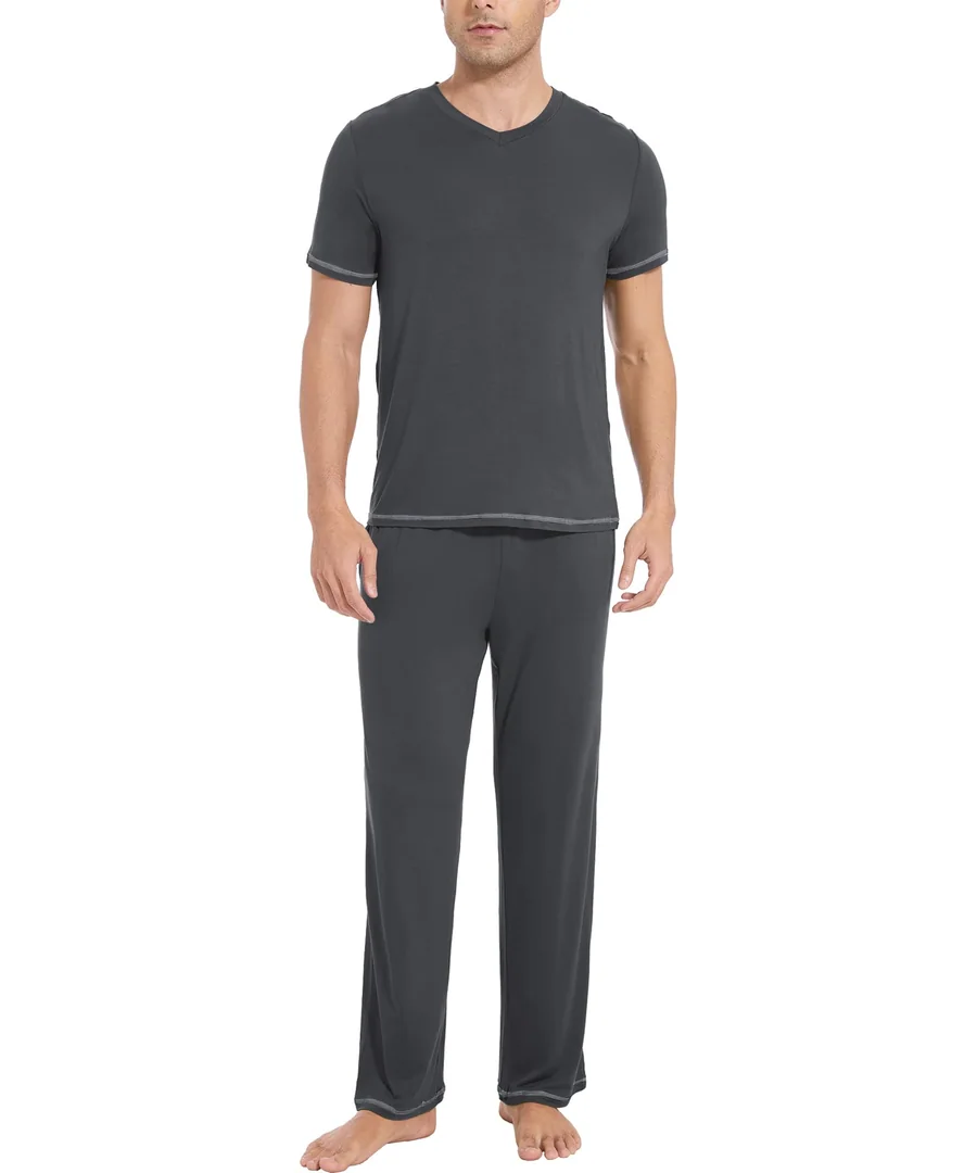 Bamboo Viscose Men's Pajama Sets, Short Sleeve Ultra-Soft PJs Set — Crew Neck Sleepwear with Pockets — Charcoal · Large by GYS Pajamas