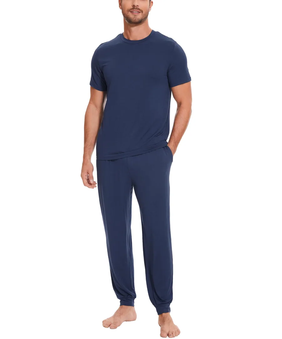 Bamboo Viscose Mens Pajamas Set Short Sleeve Lounge Set for Hot Flashes — Soft Jogger Pjs — Deep Blue · X-Large by GYS Pajamas