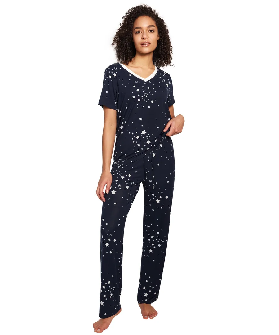 Bamboo Viscose Pajamas for Women Cooling Sleepwear for Hot Flashes — Short Sleeve V-Neck — Blue Stars · Large by GYS Pajamas