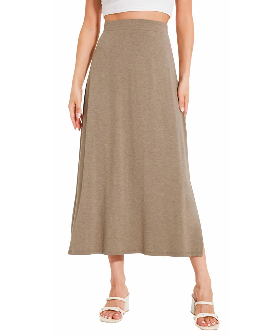 Bamboo Viscose Skirts for Women Midi Length Flowy High Waisted Summer Knit Long Skirts with Slit — Camel by GYS Pajamas