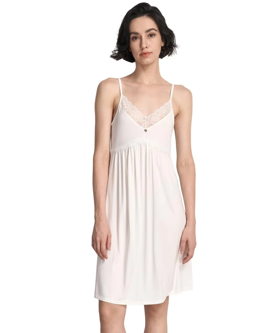 Bamboo Viscose Sleeveless Nightgowns for Women — Lace V-Neck Lightweight Slip Dress — White by GYS Pajamas