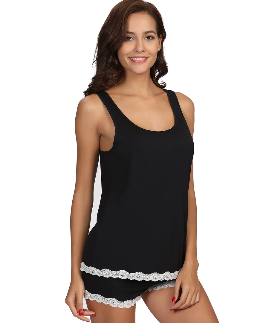 Bamboo Viscose Tank Pajamas for Women Cooling Pjs Set for Hot Flashes — Sleeveless Top & Shorts… — Black · Medium by GYS Pajamas