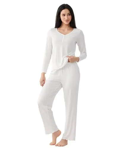 Bamboo Viscose Women's Long Sleeve Pajamas Set — Henley V Neck Sleepwear by GYS Pajamas