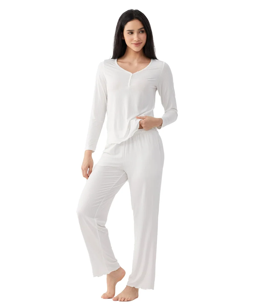 Bamboo Viscose Women's Long Sleeve Pajamas Set — Henley V Neck Sleepwear — Option 2 by GYS Pajamas