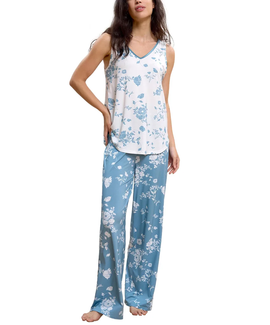 Cooling Bamboo Viscose Pajamas for Women — Sleeveless Tank Top & Pants Pjs Set — Light Green Floral · Medium by GYS Pajamas