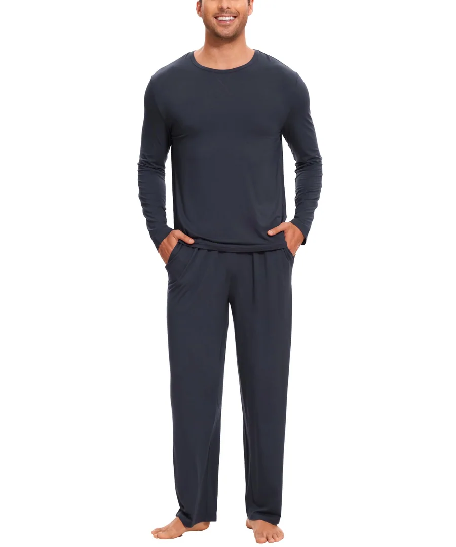 Men's Bamboo Viscose Crew Neck Pajama Set, Cooling Pockets — Moisture wicking — Midnight Blue · X-Large by GYS Pajamas