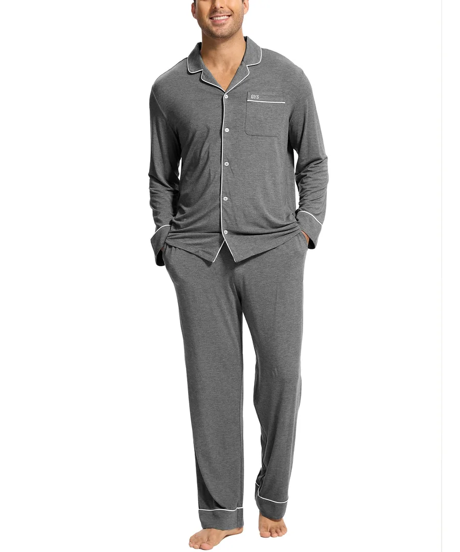 Men's Bamboo Viscose Long Sleeve Pajamas Set — Button Down 2 Pieces Sleepwear — Dark Heather Grey · Medium by GYS Pajamas