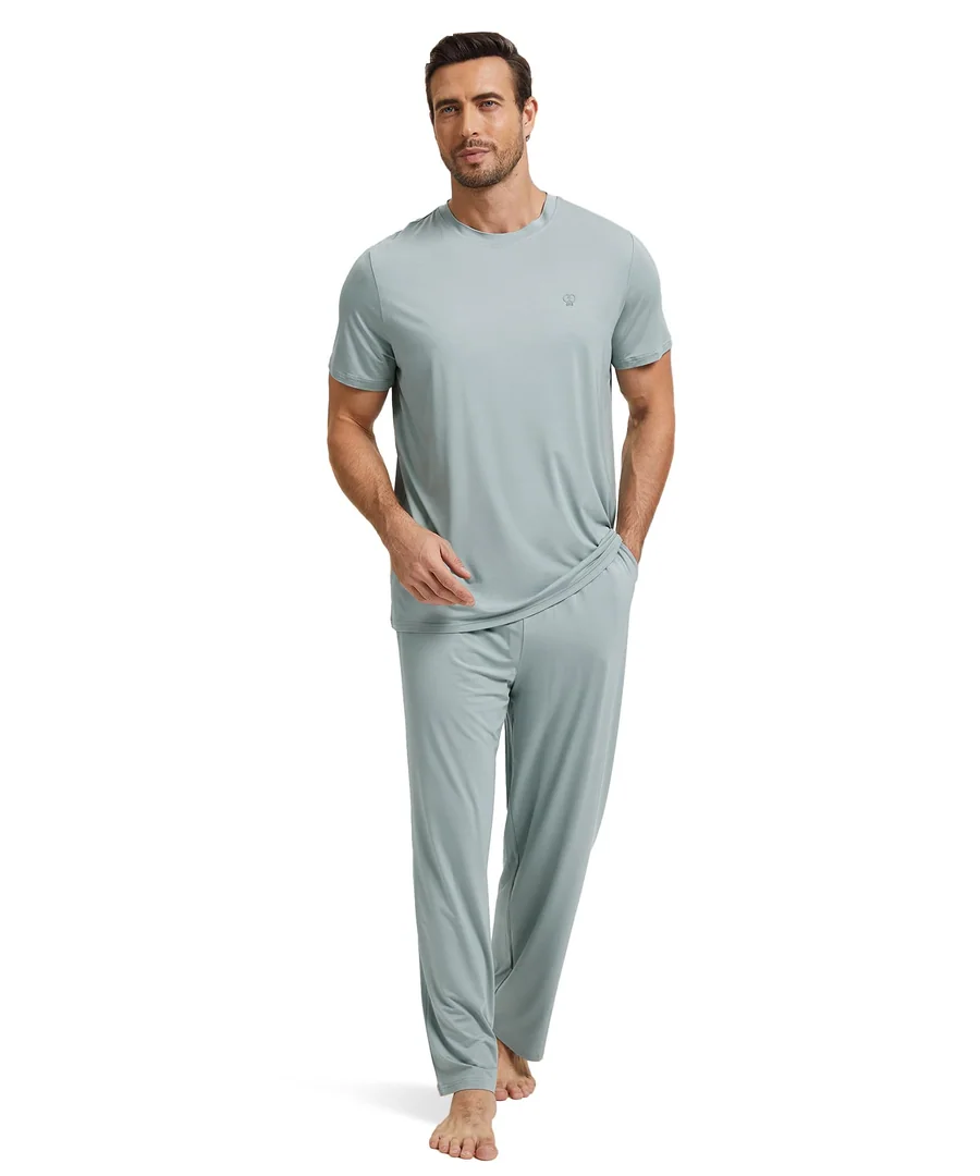 Men's Pajama Sets Bamboo Viscose Short Sleeve Top and Long Pants 2 Piece Sleepwear — Light Greyish Green · X-Large by GYS Pajamas