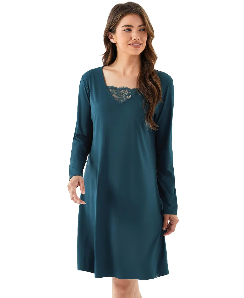 Premium Nightgown for Women Bamboo Viscose Long Sleeve Lace V Neck Soft Sleep Dress by GYS Pajamas