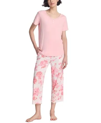 Pajama Sets for Women Soft Bamboo Viscose Short Sleeve Top with Capri Pants 2 Piece Sleepwear by GYS Pajamas