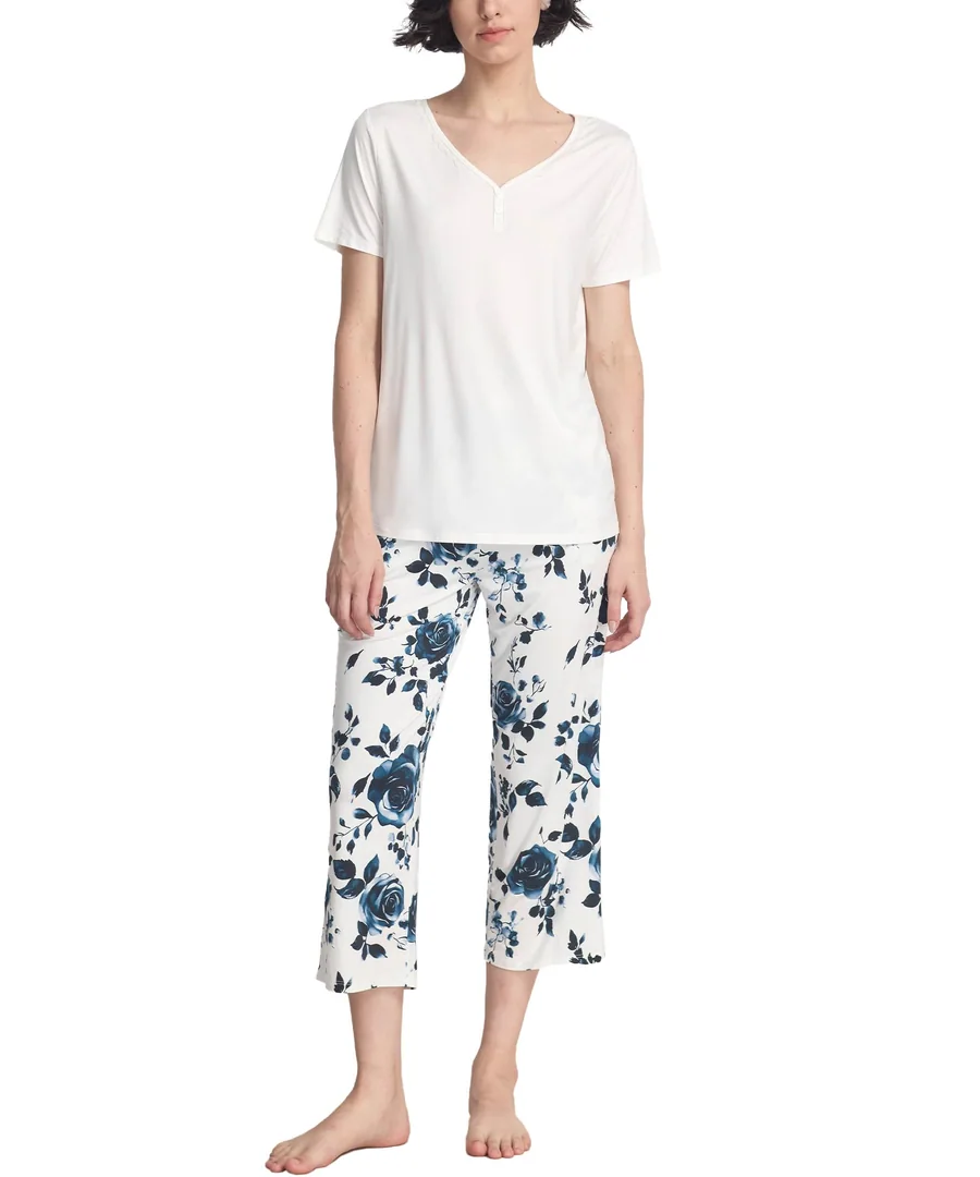 Pajama Sets for Women Soft Bamboo Viscose Short Sleeve Top with Capri Pants 2 Piece Sleepwear — Option 2 by GYS Pajamas