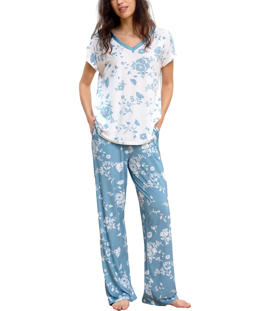 Women Bamboo Viscose Short Sleeve Pajamas — Cooling & Moisture Wicking for Hot Sleepers — Light Green Floral · XX-Large by GYS Pajamas