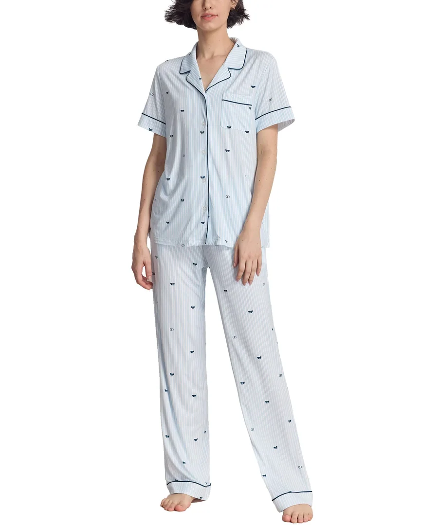 Women's Bamboo Viscose Cooling Notch Collar Button Down Pajama Set — Moisture wicking — Blue Stripes · Large by GYS Pajamas