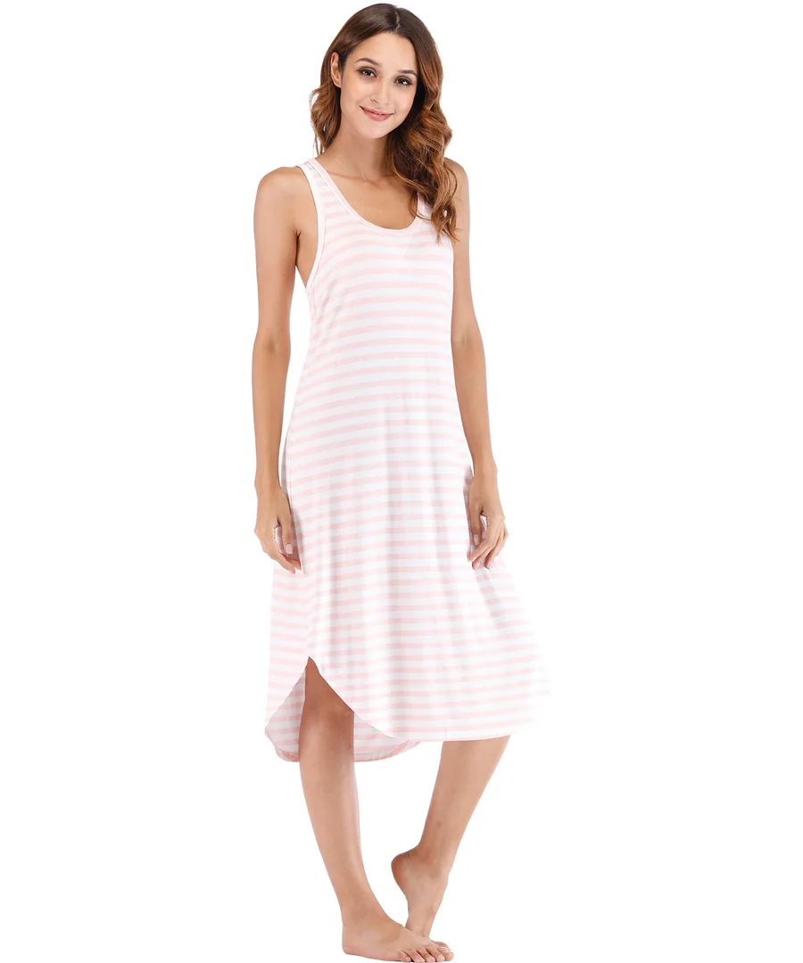 Women's Bamboo Viscose Cooling Racerback Tank Nightgown — Moisture wicking — Pink and White Stripe · Large by GYS Pajamas