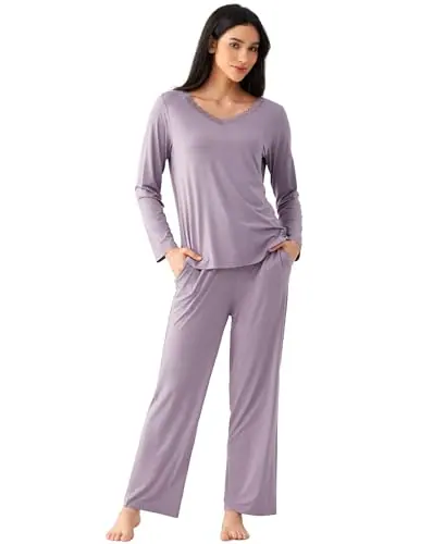 Premium Women's Bamboo Viscose Lace V-Neck Pajama Set — Moisture wicking by GYS Pajamas
