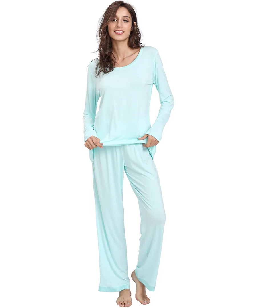 Women's Bamboo Viscose Long Sleeve Pajamas Set — Super Soft Sleepwear — A- Round Neck - Aqua · Medium by GYS Pajamas