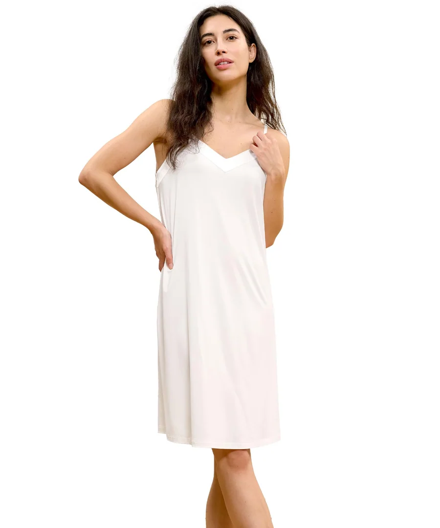 Women's Bamboo Viscose Spaghetti Strap Nightgown, Satin V Neck Cooling — Moisture wicking — White · Small by GYS Pajamas